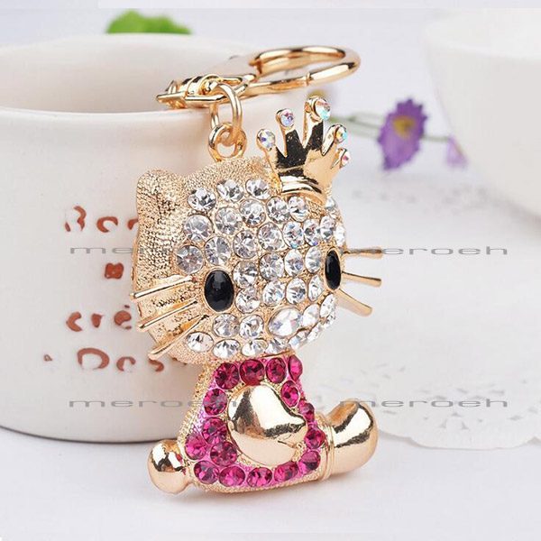 جاکلیدی Moda Joyas طرح گربه نگینی تاجدار سرخابی